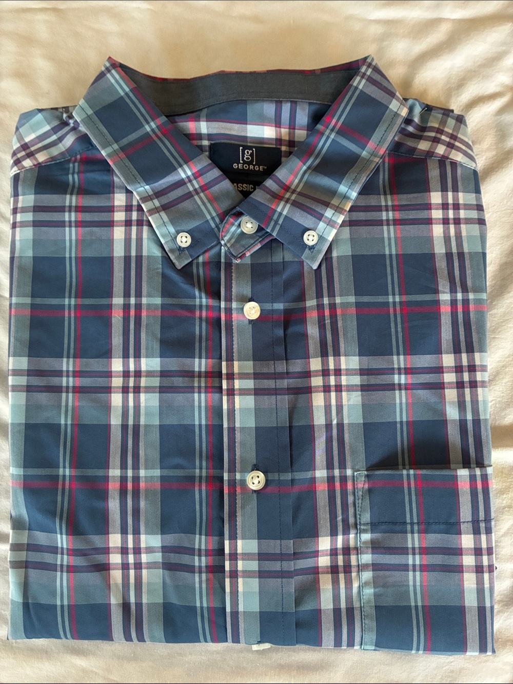 George Men’s Blue and Light Blue Plaid Button-Down Shirt with Pink Stripes